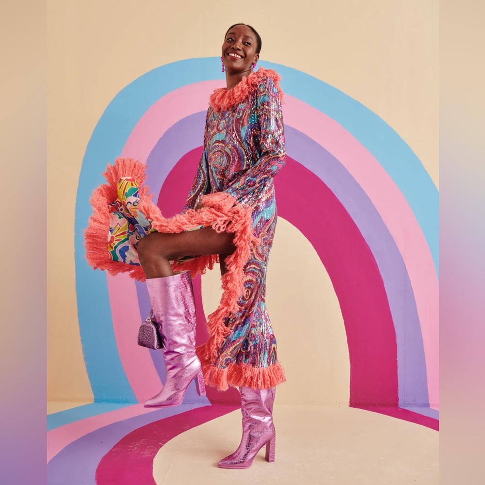 CeliaB Deva Psychedelic Sequin Fringe Midi Dress Gown Pink Purple Blue M 6 8 10